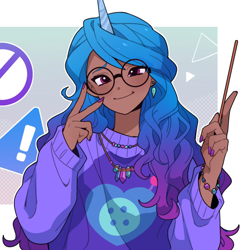 Size: 1024x1024 | Tagged: safe, artist:dcon, color edit, edit, editor:diameltzowo, imported from derpibooru, izzy moonbow, human, bracelet, clothes, colored, cute, dark skin, female, freckles, friendship bracelet, g5, glasses, horn, horned humanization, humanized, izzybetes, jewelry, my little pony: a new generation, nails, skin color edit, solo, sweater, wand