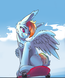 Size: 1476x1764 | Tagged: safe, artist:i love hurt, imported from derpibooru, rainbow dash, pegasus, pony, big ears, cheek fluff, chest fluff, cloud, ear fluff, female, g4, grin, mare, sitting, skateboard, sky, smiling, solo, spread wings, sternocleidomastoid, wing fluff, wings