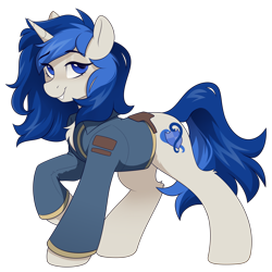 Size: 2000x2000 | Tagged: safe, artist:crimmharmony, imported from derpibooru, oc, oc only, oc:eden, oc:eden (across the divide), pony, unicorn, fallout equestria, chest fluff, clothes, commission, fallout equestria: across the divide, female, jumpsuit, mare, raised hoof, simple background, solo, transparent background, vault suit