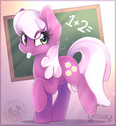 Size: 1024x1109 | Tagged: safe, artist:bloody-pink, imported from derpibooru, cheerilee, earth pony, pony, chalk, chalkboard, cheeribetes, cute, ear fluff, eye clipping through hair, female, hooves, mare, math, mouth hold, raised hoof, shadow, smiling, solo, tail, watermark