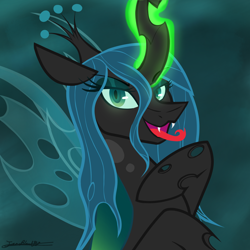 Size: 2764x2769 | Tagged: safe, artist:janeblood969, imported from derpibooru, queen chrysalis, changeling, changeling queen, antagonist, canterlot wedding 10th anniversary, crown, eyelashes, eyeshadow, fangs, female, glowing, glowing eyes, glowing horn, horn, insect wings, jewelry, looking at you, makeup, regalia, simple background, smiling, smiling at you, smirk, tongue out, wings