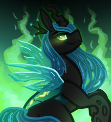 Size: 1700x1870 | Tagged: source needed, safe, artist:nootaz, imported from derpibooru, queen chrysalis, canterlot wedding 10th anniversary, crown, grin, jewelry, rearing, regalia, side view, smiling, solo