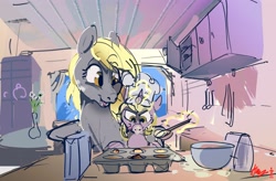 Size: 3449x2267 | Tagged: safe, artist:alumx, imported from derpibooru, derpy hooves, dinky hooves, pegasus, pony, unicorn, baking, chef's hat, cute, duo, equestria's best mother, female, filly, foal, food, glowing, glowing horn, hat, horn, levitation, magic, mare, mother and child, mother and daughter, mother's day, muffin, telekinesis, tongue out