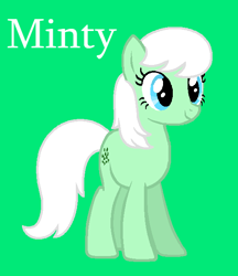 Size: 540x624 | Tagged: safe, artist:jigglewiggleinthepigglywiggle, imported from derpibooru, minty (g1), earth pony, pony, base used, blue eyes, cute, female, full body, g1, g1 mintabetes, g1 to g4, g4, generation leap, green background, mare, simple background, smiling, solo, tail, text, white hair, white mane, white tail, white text