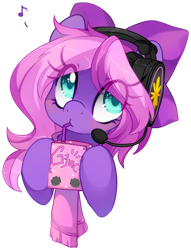 Size: 1264x1653 | Tagged: safe, artist:loyaldis, imported from derpibooru, oc, oc only, oc:lillybit, pony, adorkable, bow, cute, dork, gamer, gaming headphones, gaming headset, hair bow, headphones, headset, juice, juice box, simple background, solo, transparent background