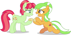 Size: 4573x2285 | Tagged: safe, artist:thatusualguy06, imported from derpibooru, apple dumpling, apple leaves, earth pony, pony, the big mac question, .svg available, apple family member, apple fritter (food), duo, duo female, female, food, full body, gritted teeth, high res, narrowed eyes, simple background, svg, teeth, transparent background, vector