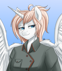 Size: 1400x1600 | Tagged: safe, artist:zachc, imported from derpibooru, oc, oc:jagerin, alicorn, anthro, equestria at war mod, aryan pony, bust, clothes, female, military uniform, portrait, smiling, solo, uniform, wings