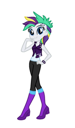 Size: 674x1136 | Tagged: safe, artist:ketrin29, artist:rebeeccadesings, imported from derpibooru, rarity, human, equestria girls, alternate hairstyle, base used, boots, clothes, equestria girls interpretation, female, grin, pants, punk, raripunk, scene interpretation, shoes, short shirt, simple background, smiling, solo, spiked wristband, tanktop, vest, white background, wristband
