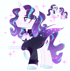 Size: 2712x2768 | Tagged: safe, artist:whohwo, imported from derpibooru, rarity, starlight glimmer, pony, base used, cape, clothes, female, fusion, makeup, male, mare, raised hoof, simple background, smiling, stallion, white background