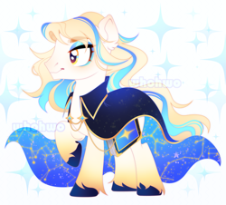 Size: 2317x2092 | Tagged: safe, artist:whohwo, imported from derpibooru, oc, oc only, earth pony, pony, base used, cape, clothes, constellation, ear fluff, earth pony oc, ethereal mane, makeup, simple background, smiling, solo, starry mane, unshorn fetlocks, white background
