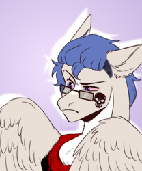 Size: 2500x3000 | Tagged: safe, artist:bulkaaoga, imported from derpibooru, oc, oc only, pony, bust, chest fluff, ear fluff, frown, glasses, male, purple background, simple background, solo, stallion, tatttoo, wings