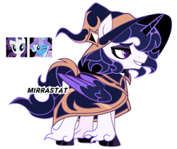 Size: 1280x1077 | Tagged: safe, artist:mirrastat, imported from derpibooru, oc, alicorn, pony, unicorn, alicorn oc, base used, clothes, female, glowing, glowing horn, hat, horn, magical lesbian spawn, makeup, male, mare, offspring, one eye closed, parent:rarity, parent:trixie, simple background, smiling, stallion, transparent background, unshorn fetlocks, wings, wink, witch hat