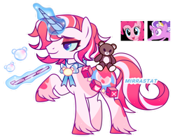 Size: 1280x1011 | Tagged: safe, artist:mirrastat, imported from derpibooru, pinkie pie, screwball, oc, pony, unicorn, base used, clothes, female, glowing, glowing horn, horn, magic, magical lesbian spawn, makeup, male, mare, offspring, parent:pinkie pie, parent:screwball, plushie, simple background, smiling, stallion, teddy bear, telekinesis, transparent background, unshorn fetlocks