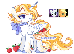 Size: 1280x937 | Tagged: safe, artist:mirrastat, imported from derpibooru, oc, alicorn, pony, alicorn oc, apple, base used, bow, clothes, female, food, horn, magical lesbian spawn, makeup, male, mare, offspring, parent:applejack, parent:rarity, parents:rarijack, saddle basket, simple background, smiling, stallion, transparent background, unshorn fetlocks, wings