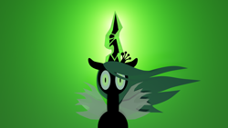 Size: 3840x2160 | Tagged: source needed, safe, artist:pwnypony db, imported from derpibooru, queen chrysalis, changeling, changeling queen, a canterlot wedding, 3d, 4k, absurd file size, antagonist, blender, canterlot wedding 10th anniversary, crown, female, glowing, glowing horn, green background, green eyes, green light, green magic, high res, horn, jewelry, magic, regalia, scene interpretation, shadows, simple background, slit pupils, solo, wings