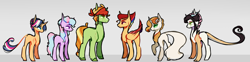 Size: 4936x1215 | Tagged: safe, artist:ryrxian, imported from derpibooru, oc, oc only, draconequus, hybrid, pony, draconequus oc, interspecies offspring, offspring, parent:applejack, parent:capper dapperpaws, parent:discord, parent:flash magnus, parent:flash sentry, parent:fluttershy, parent:rainbow dash, parent:rarity, parent:rockhoof, parent:twilight sparkle, parents:capperity, parents:dashmagnus, parents:discoshy, parents:flashlight, parents:rockjack, simple background