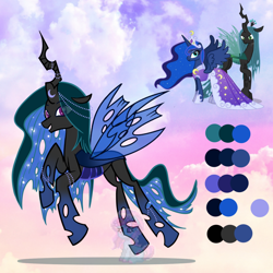 Size: 1200x1200 | Tagged: safe, artist:shiee-artopia223, imported from derpibooru, princess luna, queen chrysalis, alicorn, changeling, changeling queen, pony, base used, blue changeling, clothes, dress, female, fusion, mare