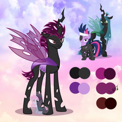 Size: 1280x1280 | Tagged: safe, artist:shiee-artopia223, imported from derpibooru, queen chrysalis, twilight sparkle, changeling, changeling queen, pony, unicorn, base used, eyepatch, female, frown, fusion, future twilight, mare, purple changeling, unicorn twilight