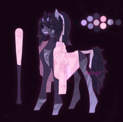 Size: 1280x1272 | Tagged: safe, artist:meggychocolatka, imported from derpibooru, oc, oc only, pony, baseball bat, clothes, ear fluff, eye clipping through hair, horns, purple background, reference sheet, simple background, solo