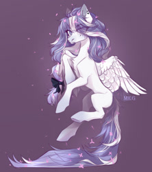 Size: 1280x1442 | Tagged: safe, artist:meggychocolatka, imported from derpibooru, oc, oc only, pegasus, pony, ear piercing, eye clipping through hair, pegasus oc, piercing, purple background, simple background, solo, wings