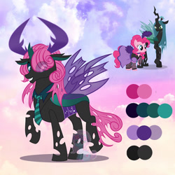 Size: 1280x1280 | Tagged: safe, artist:shiee-artopia223, imported from derpibooru, pinkie pie, queen chrysalis, changeling, changeling queen, pony, base used, clothes, dress, female, fusion, mare, saloon dress, saloon pinkie