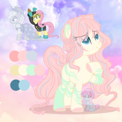Size: 1280x1280 | Tagged: safe, artist:shiee-artopia223, imported from derpibooru, applejack, fluttershy, spirit of hearth's warming past, ghost, pony, undead, base used, bunny ears, clothes, costume, dangerous mission outfit, eye clipping through hair, eyelashes, female, fusion, goggles, hat, hoodie, hoof on chest, mare