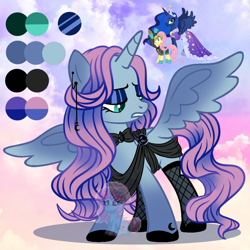 Size: 1050x1050 | Tagged: safe, artist:shiee-artopia223, imported from derpibooru, fluttershy, princess luna, alicorn, pegasus, pony, base used, bedroom eyes, bunny ears, clothes, costume, dangerous mission outfit, dress, ear piercing, eyelashes, female, fishnets, fusion, goggles, hoodie, makeup, mare, piercing, spread wings, wings