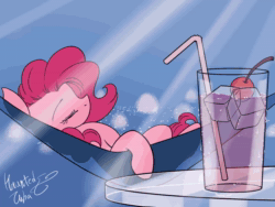 Size: 1280x960 | Tagged: safe, artist:hauntedtuba, imported from derpibooru, pinkie pie, earth pony, pony, animated, cherry, crepuscular rays, drink, drinking straw, female, food, hammock, mare, no sound, signature, sleeping, twitching, webm