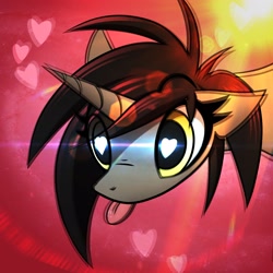 Size: 3350x3353 | Tagged: safe, artist:fenixdust, oc, oc only, pony, unicorn, abstract background, female, glowing eyes, heart, heart eyes, mare, smiling, tongue out, wingding eyes