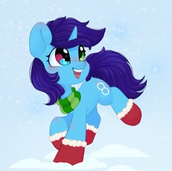 Size: 1200x1191 | Tagged: safe, artist:melodylibris, oc, oc only, pony, unicorn, blushing, booties, female, mare, open mouth, smiling, snow