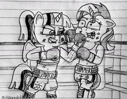 Size: 1280x1006 | Tagged: safe, artist:ct1443ae, imported from derpibooru, sunset shimmer, twilight sparkle, alicorn, semi-anthro, unicorn, my little pony: pony life, blood, boxing, boxing gloves, boxing ring, duo, lined paper, pencil drawing, sports, traditional art, twilight sparkle (alicorn), uppercut