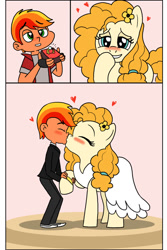 Size: 730x1095 | Tagged: safe, artist:smog, imported from ponybooru, bright mac, pear butter, human, pony, blushing, clothes, comic, dress, engagement ring, female, heart, humanized, interspecies, jewelry, male, marriage, ring, straight, wedding, wedding dress