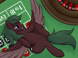 Size: 2000x1500 | Tagged: safe, artist:ahorseofcourse, imported from derpibooru, oc, oc only, oc:chips down, pegasus, pony, bedroom eyes, female, grin, lidded eyes, looking at you, lying down, mare, on back, roulette, roulette table, roulette wheel, smiling, smiling at you, solo, spread wings, underhoof, wings