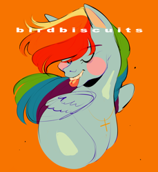 Size: 1280x1397 | Tagged: safe, artist:birdbiscuits, imported from derpibooru, rainbow dash, pegasus, pony, blush sticker, blushing, bust, eyes closed, jewelry, necklace, orange background, simple background, solo, tongue out, watermark