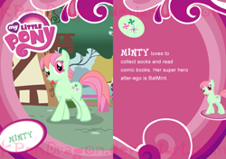 Size: 992x699 | Tagged: safe, artist:kpendragon, imported from derpibooru, minty, earth pony, pony, blind bag, blind bag card, card, cutie mark, female, g3, g3 to g4, g4, generation leap, looking at you, mare, smiling, text, tongue out, toy