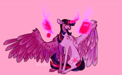 Size: 1880x1156 | Tagged: safe, artist:birdbiscuits, imported from derpibooru, twilight sparkle, alicorn, pony, book, colored hooves, curved horn, female, full body, horn, large wings, looking at something, magic, magic aura, mare, pink background, quill, simple background, sitting, solo, spread wings, telekinesis, twilight sparkle (alicorn), wings