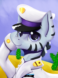 Size: 1248x1680 | Tagged: safe, artist:aquamuro, imported from derpibooru, oc, oc only, zebra, equestria at war mod, bust, cactus, cap, clothes, desert, fluffy, hat, lineless, male, military uniform, portrait, salute, solo, stallion, underhoof, uniform