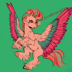 Size: 3000x3000 | Tagged: safe, artist:birdbiscuits, imported from derpibooru, zipp storm, pegasus, pony, cheek feathers, feathered fetlocks, g5, green background, simple background, solo, spread wings, tongue out, wings