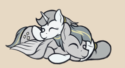 Size: 1819x1000 | Tagged: safe, artist:ahorseofcourse, imported from derpibooru, oc, oc only, oc:spectral streak, oc:white light, pegasus, pony, unicorn, beige background, brother and sister, cuddling, cute, duo, eyes closed, female, lying down, male, mare, siblings, simple background, smiling, stallion