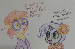 Size: 2048x1329 | Tagged: safe, artist:pony quarantine, imported from derpibooru, oc, oc only, oc:nyx, alicorn, earth pony, pony, crayon drawing, duo, female, filly, flower, flower in hair, foal, glasses, traditional art