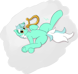 Size: 3752x3562 | Tagged: safe, artist:aquamuro, imported from derpibooru, lyra heartstrings, pony, unicorn, colored, description is relevant, flat colors, full body, horn, looking at you, lying down, musical instrument, on back, raised hoof, signature, simple background, sketch, smiling, smiling at you, two toned mane, underhoof