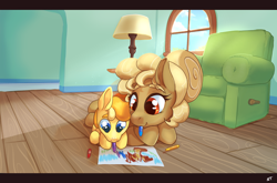 Size: 3028x2000 | Tagged: safe, artist:storyteller, imported from derpibooru, oc, oc only, oc:cinni swirl, oc:omelette, earth pony, pony, chair, crayon, cute, duo, earth pony oc, female, foal, high res, indoors, lamp, lying down, mare, mouth hold, ocbetes, prone, smiling, table, window, wooden floor