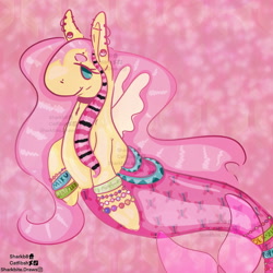 Size: 1773x1773 | Tagged: safe, artist:catfibsh, imported from derpibooru, fluttershy, merpony, pony, abstract background, bracelet, ear piercing, earring, female, jewelry, mare, mermay, piercing, solo, watermark