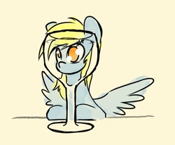 Size: 1330x1096 | Tagged: safe, artist:manicpanda, imported from derpibooru, derpy hooves, pegasus, pony, cute, derpabetes, female, glass, mare, no pupils, simple background, solo, spread wings, wine glass, wings, yellow background