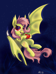 Size: 5400x7200 | Tagged: safe, artist:lytlethelemur, imported from derpibooru, fluttershy, bat pony, pony, absurd file size, absurd resolution, apple, bat ponified, cute, flutterbat, flying, food, hoof hold, night, open mouth, race swap, smiling, solo, spread wings, wings