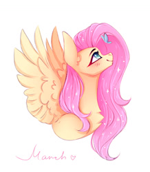 Size: 1280x1465 | Tagged: safe, artist:adele-blooming-art, imported from derpibooru, fluttershy, butterfly, pegasus, pony, blushing, bust, chest fluff, female, looking up, mare, simple background, smiling, solo, spread wings, white background, wings