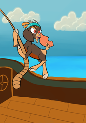 Size: 3500x5000 | Tagged: safe, artist:jsacos, imported from derpibooru, shanty (tfh), goat, them's fightin' herds, cloven hooves, community related, female, hoof hold, pirate, pirate ship, rope, solo, swinging, the capricorn (tfh)