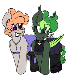 Size: 1335x1473 | Tagged: safe, artist:k-kopp, imported from derpibooru, oc, oc only, oc:ink drop, oc:jaded nights, bat pony, earth pony, blushing, clothes, collar, dress, glasses, simple background, transparent background