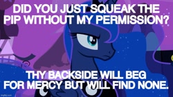 Size: 888x499 | Tagged: safe, edit, edited screencap, imported from derpibooru, screencap, princess luna, alicorn, pony, luna eclipsed, season 2, caption, female, frown, grammar error, mare, meme, solo, text, this will not end well, threat, unamused, ye olde butcherede englishe, ye olde english, you dun goofed