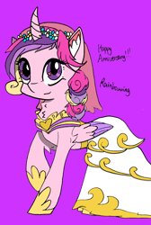 Size: 858x1279 | Tagged: safe, artist:rainbowwing, imported from derpibooru, princess cadance, alicorn, pony, canterlot wedding 10th anniversary, clothes, dress, ear fluff, female, floral head wreath, flower, folded wings, heart eyes, hoof shoes, looking at you, mare, purple background, raised hoof, signature, simple background, smiling, smiling at you, solo, wedding dress, wingding eyes, wings